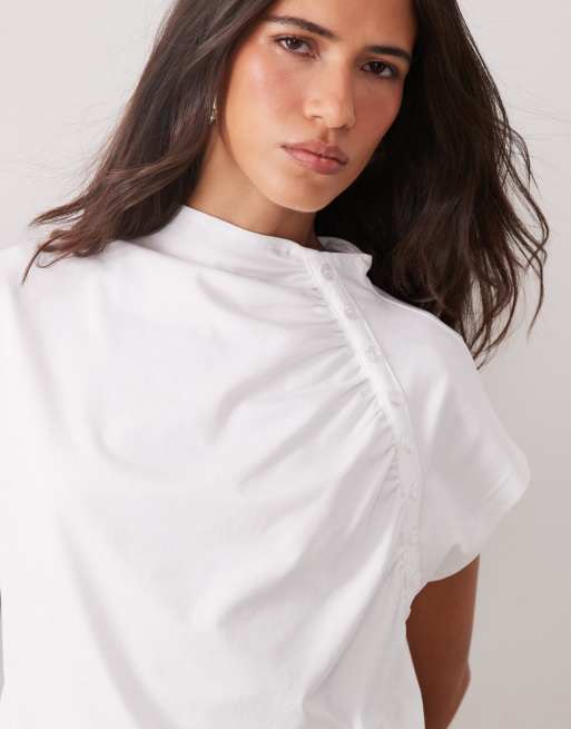 ASOS DESIGN mandarin-style collar top with gathered detailing in ecru, 3 of 4