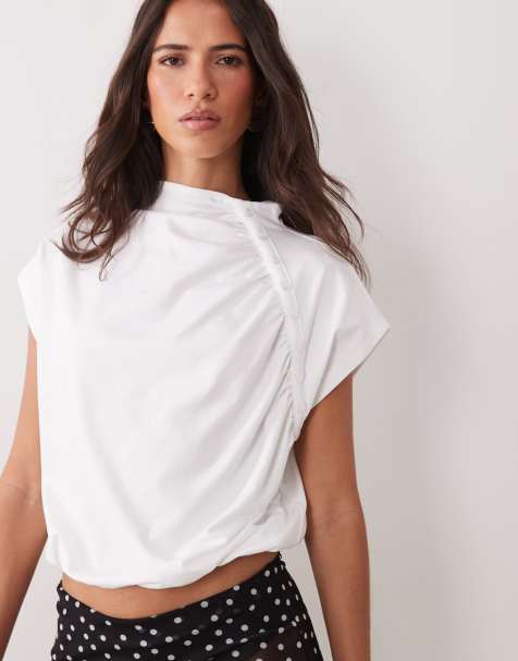 ASOS DESIGN mandarin style collar with gathering top in ecru - view 1