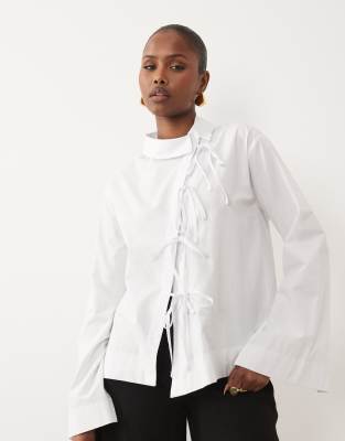 Asos Design Mandarin Style Tie Front Asymmetric Shirt In White