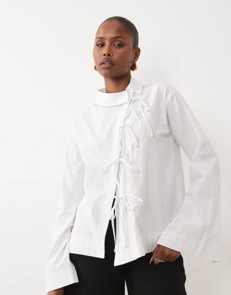 ASOS DESIGN mandarin style tie front asymmetric shirt in white - view 1