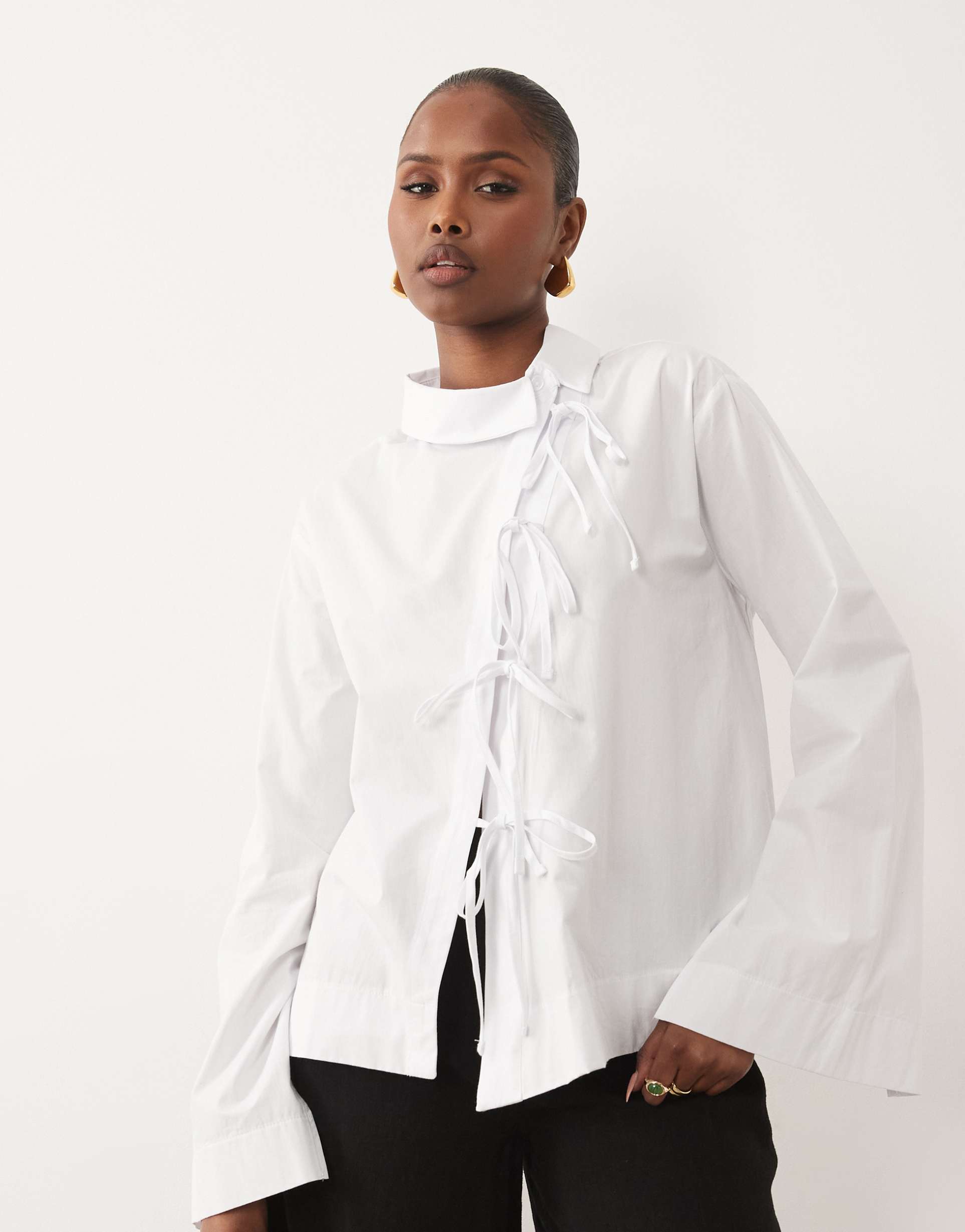 asos design mandarin style tie front asymmetric shirt in white