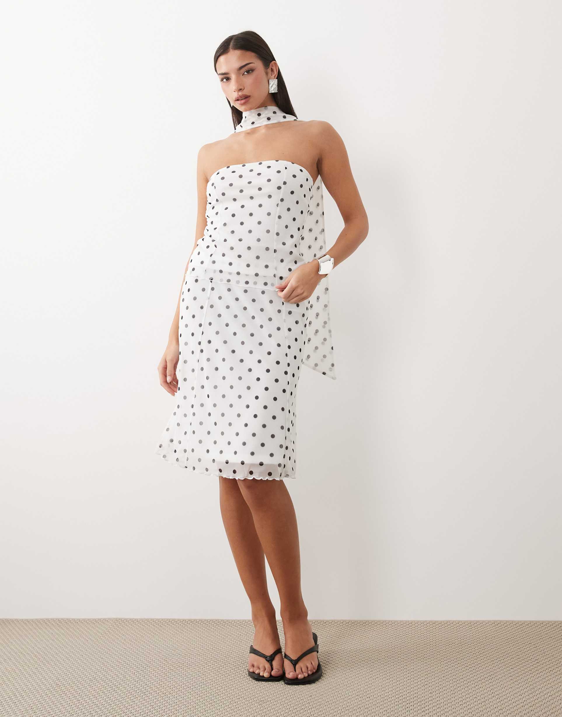 asos design mandarin trim cropped midi skirt in polka dots