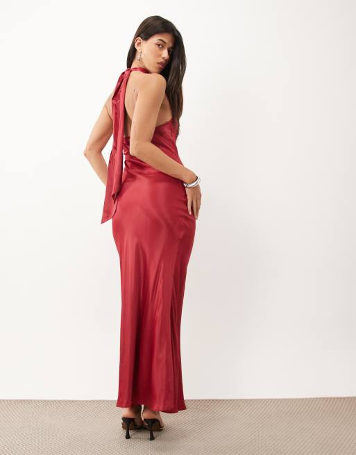 ASOS DESIGN mandarin wrap neck satin maxi dress in cherry red, 4 of 4