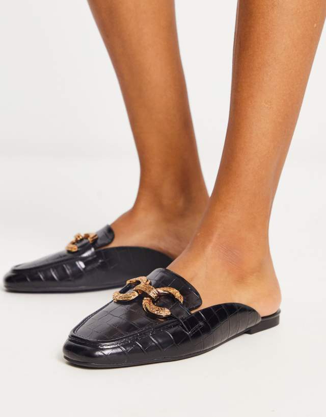 ASOS DESIGN Manhattan flat mules with trim in black croc