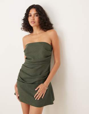 ASOS DESIGN manipulated bandeau mini dress in dark green - view 1