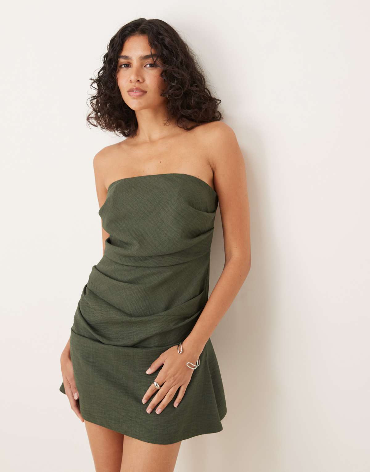 ASOS DESIGN manipulated bandeau mini dress in dark green