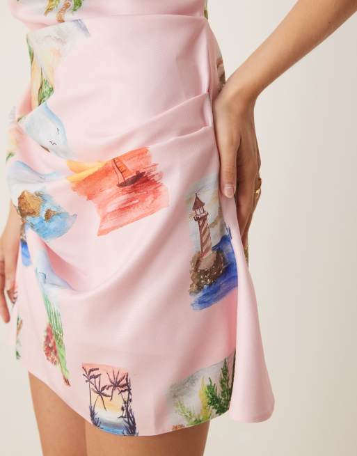 ASOS DESIGN manipulated bandeau mini dress in pink postcard print, 3 of 4