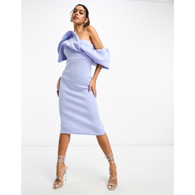 ASOS DESIGN manipulated drape shoulder midi pencil dress in blue