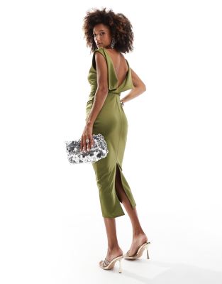 Asos Design Manipulated High Neck Midi Dress In Khaki Green