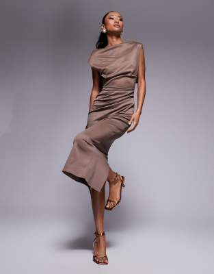 manipulated high neck midi dress in taupe-Black