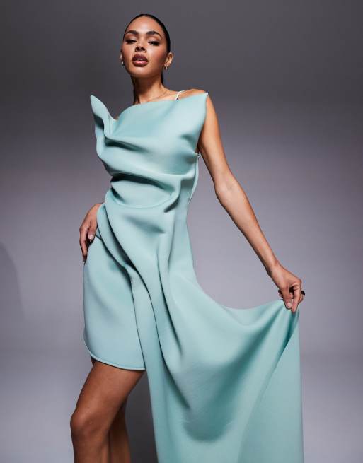 ASOS DESIGN scuba manipulated off shoulder mini dress with structured pleats and sash detail in sage green