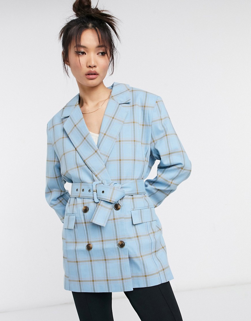 ASOS DESIGN mansy double breasted suit blazer in blue grid check-Multi