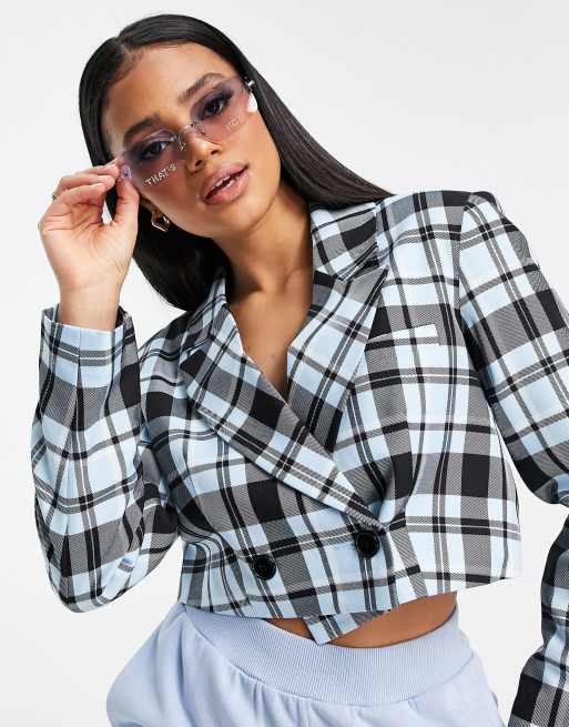 ASOS DESIGN – Mansy – Pastellblå rutig kavaj i kort design