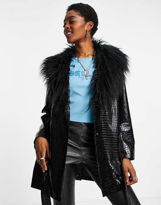 ASOS DESIGN Manteau a ceinture en vinyle effet croco avec col en fausse fourrure Noir ASOS