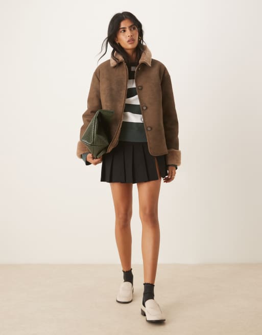 ASOS DESIGN top collar teddy car coat in mocha