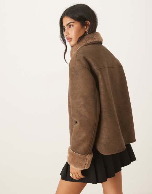 ASOS DESIGN top collar teddy car coat in mocha