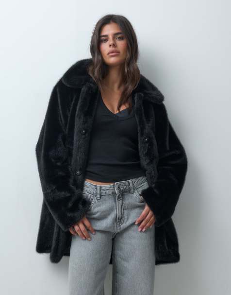 ASOS DESIGN manteau car coat mi-long à col en faux-fur noir - view 1