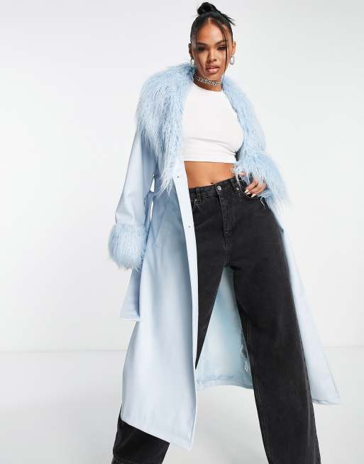 ASOS DESIGN - Manteau en imitation cuir avec ceinture et bords imitation peau de mouton - Bleu