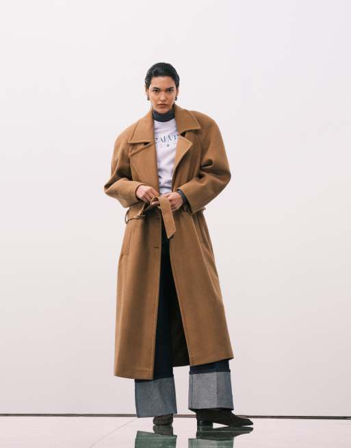 ASOS DESIGN - Manteau en laine mélangée avec épaules renforcées et ceinture basse - Biscuit, 2 de 4