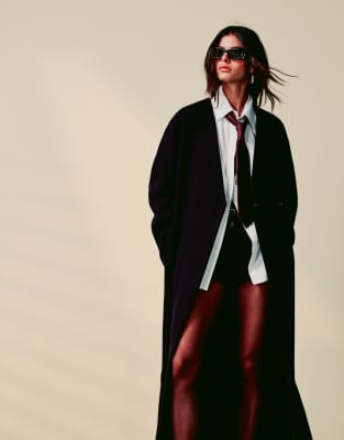 ASOS DESIGN - Manteau en laine sans col avec taille cintrée - Bleu marine