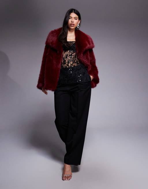 ASOS DESIGN - Manteau fausse fourrure avec col - Rouge, 2 de 4