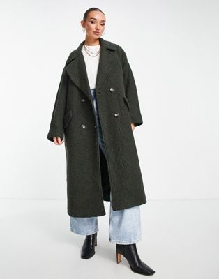 ASOS DESIGN - Manteau habillé à double boutonnage en laine mélangée bouclée - Kaki | ASOS