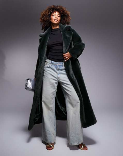 ASOS DESIGN - Manteau long à ceinture en fausse fourrure - Vert forêt - view 1