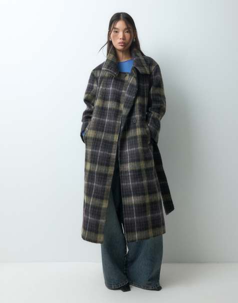ASOS DESIGN manteau long à col cheminée ceinturé habillé à carreaux bleus - view 1
