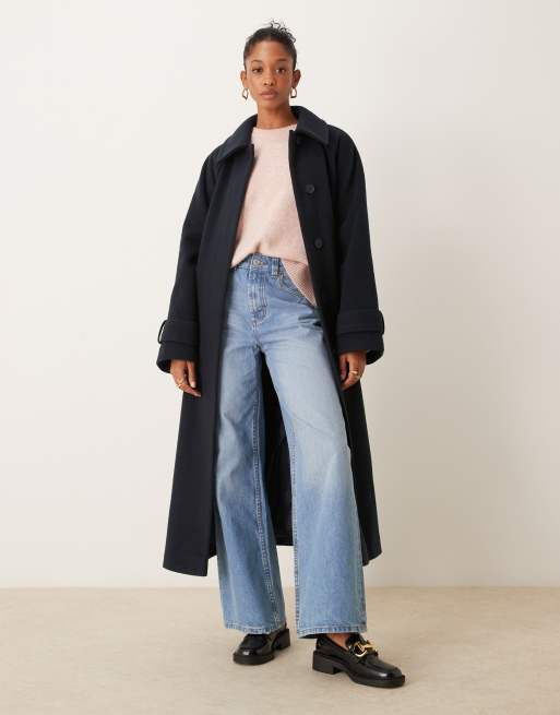 ASOS DESIGN Manteau long a col habille brosse Bleu marine ASOS