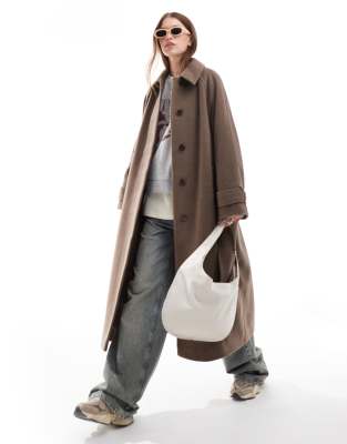 ASOS DESIGN - Manteau long à col habillé brossé - Champignon-Marron