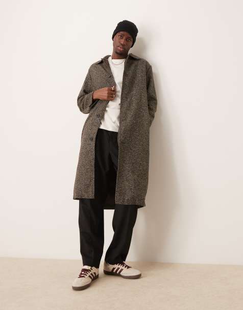 ASOS DESIGN - Manteau long en aspect laine à chevrons - Marron - view 1