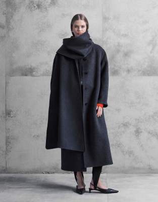 ASOS DESIGN - Manteau long en laine mélangée de qualité supérieure avec écharpe amovible - Anthracite-Gris