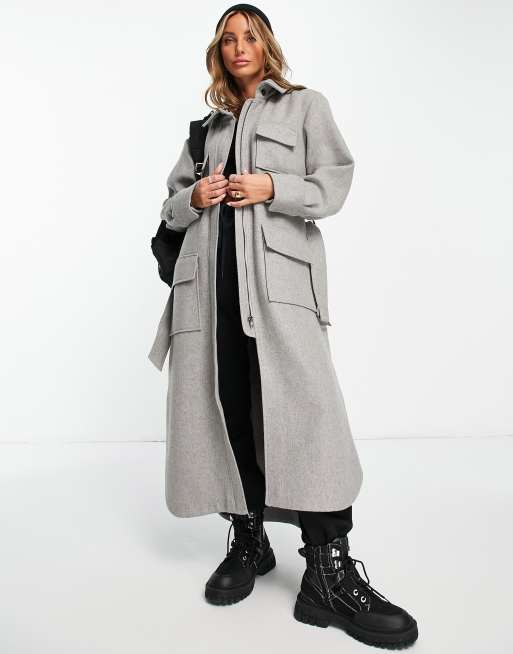 manteau long gris avec ceinture