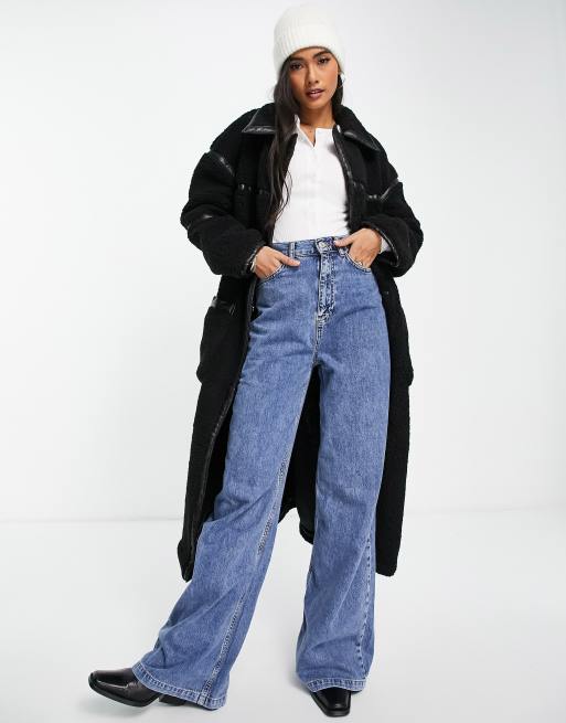 ASOS DESIGN - Manteau long imitation peau de mouton avec bordures vernies - Noir, 4 de 4