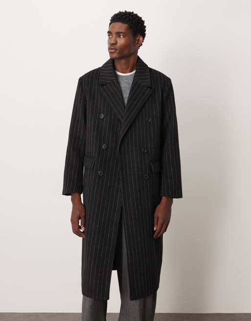 ASOS DESIGN - Manteau long oversize aspect laine à fines rayures - Noir, 2 de 5