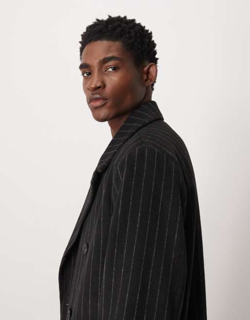 ASOS DESIGN - Manteau long oversize aspect laine à fines rayures - Noir, 3 de 5