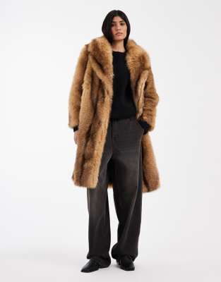 ASOS DESIGN - Manteau mi-long à rayures en fausse fourrure - Orange-Brown