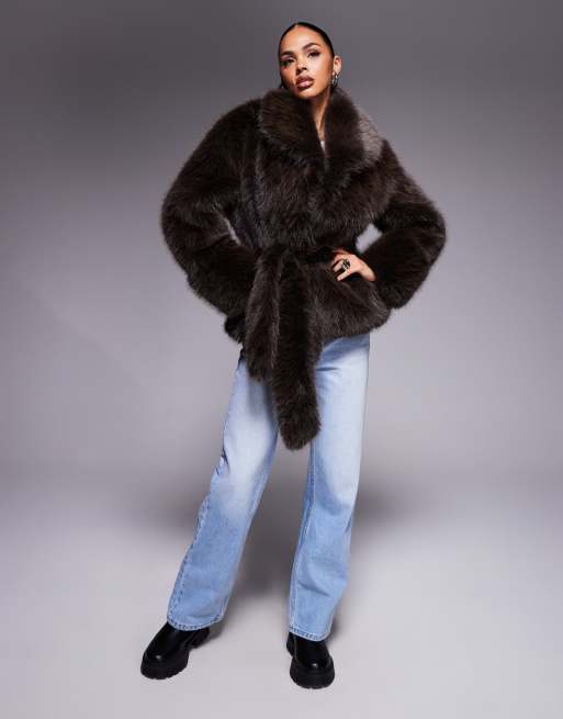 ASOS DESIGN belted faux fur coat in mocha