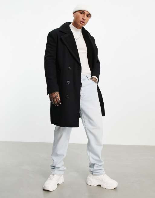ASOS DESIGN – Mantel aus Wollmischung in Schwarz mit Teddyfellbesatz am Kragen