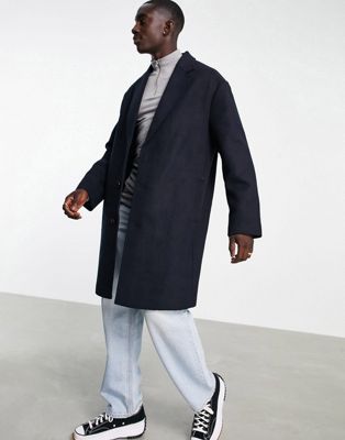 ASOS DESIGN – Mantel mit lockerem Schnitt aus Wollmischung in Marineblau