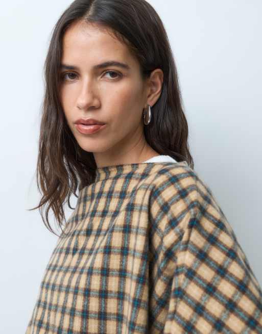 ASOS DESIGN mantella a quadri tessuta in cammello e blu, 4 di 5