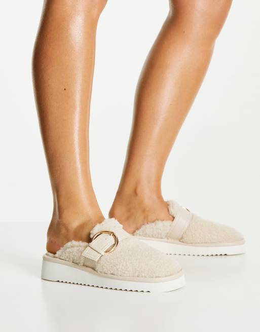 ASOS DESIGN Manzo borg flat mules in oatmeal