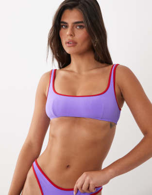 Asos Design Mara Towelling Mirissa Scoop Crop Bikini Top With Contrast Binding In Purple