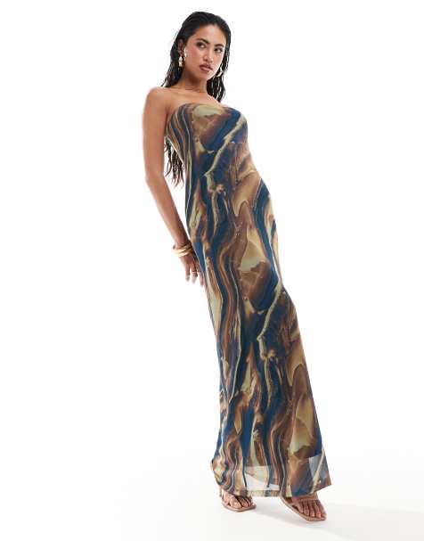 ASOS DESIGN marble bandeau maxi dress in brown - view 1