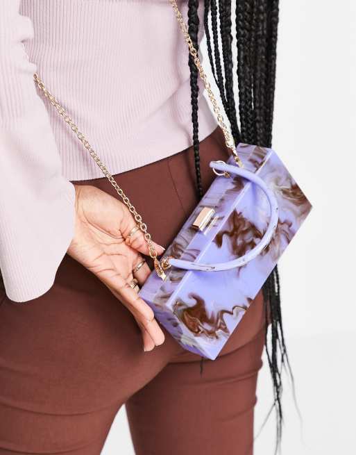 ASOS DESIGN marble box clutch bag with detachable chain strap in white