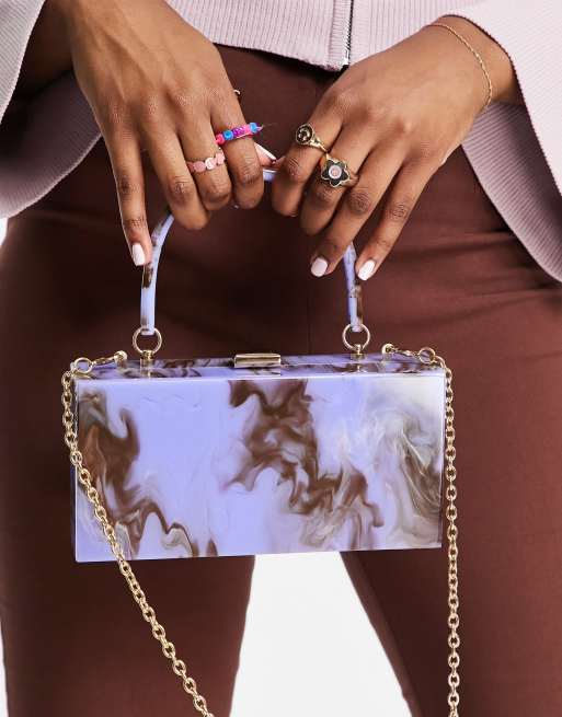 ASOS DESIGN marble box clutch bag with detachable chain strap in white