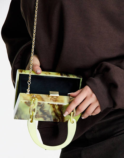 ASOS DESIGN marble box clutch with detachable chain strap in yellow swirl ASOS