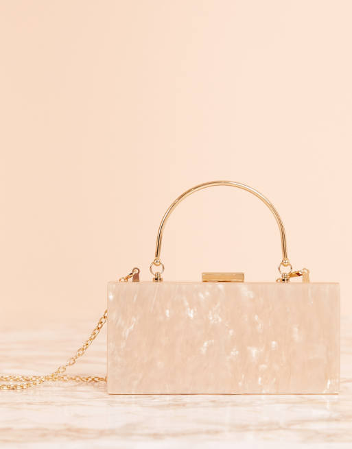 ASOS DESIGN marble box clutch bag with detachable chain strap in white