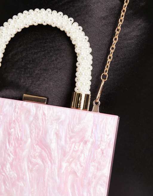 ASOS Design Marble Clutch Bag with Pearl Grab Handle and Detachable Cross Body Strap in Pink