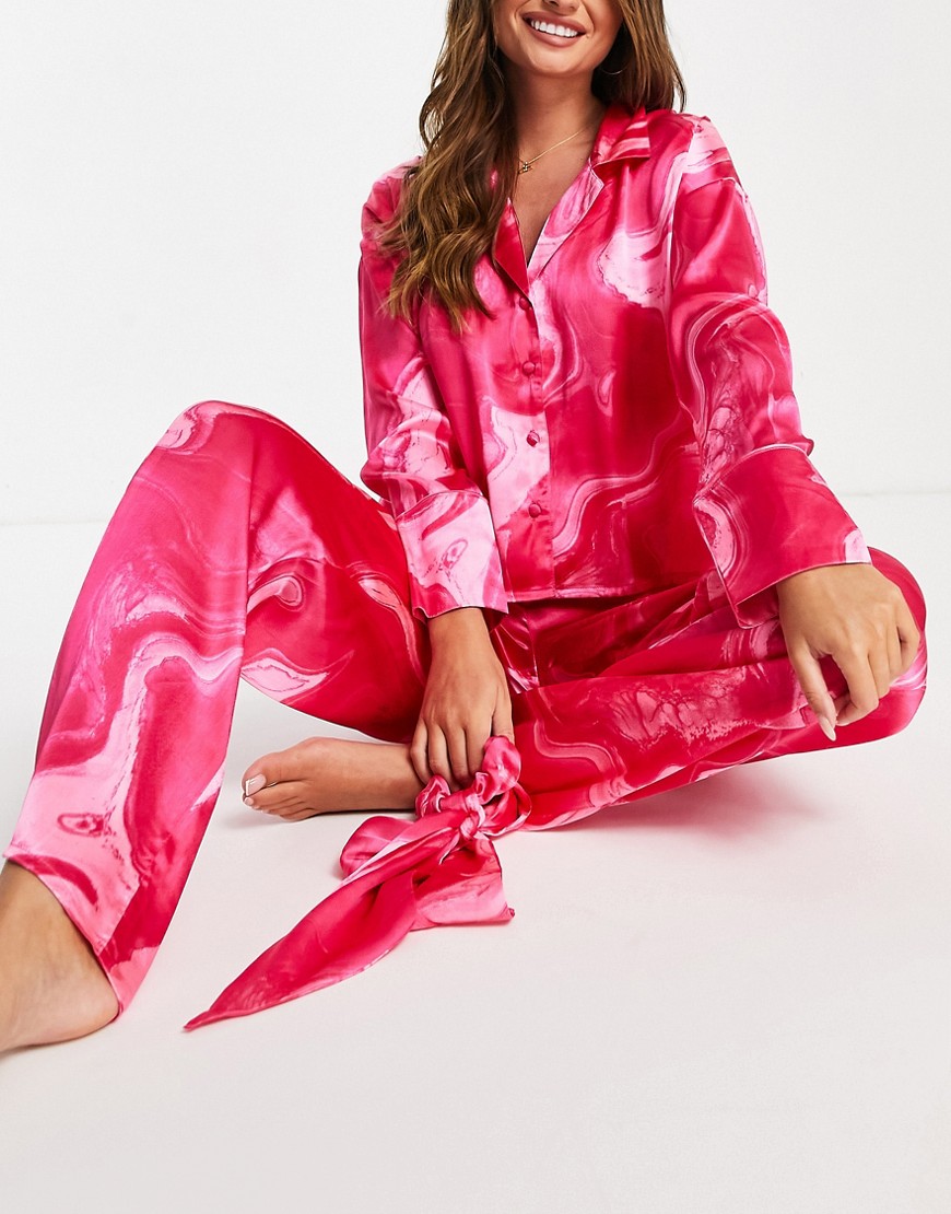 ASOS DESIGN marble oversized shirt & trouser pyjama set with scrunchie in pink